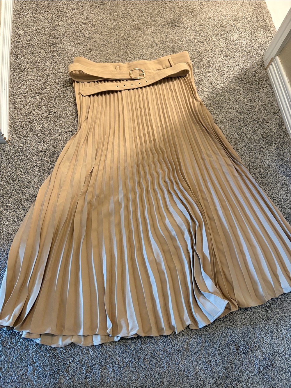 Ann Taylor Belted Knife Pleat Midi Skirt Camel Minimalist Netural 2024 NWT-10